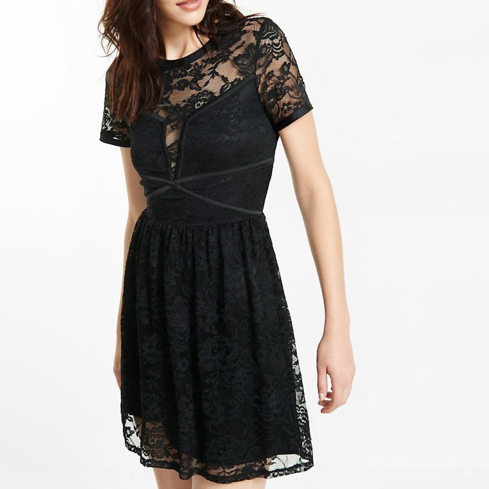 NWT Express Black Lace Fit and Flare Short Sleeve Dress Size XS